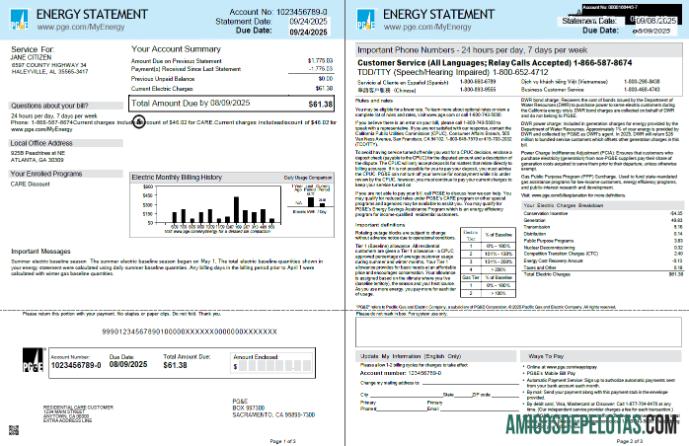 imprimível Modelo de conta de serviços públicos PG&E dos EUA em formatos Word e PDF, 3 páginas, 1 2 páginas